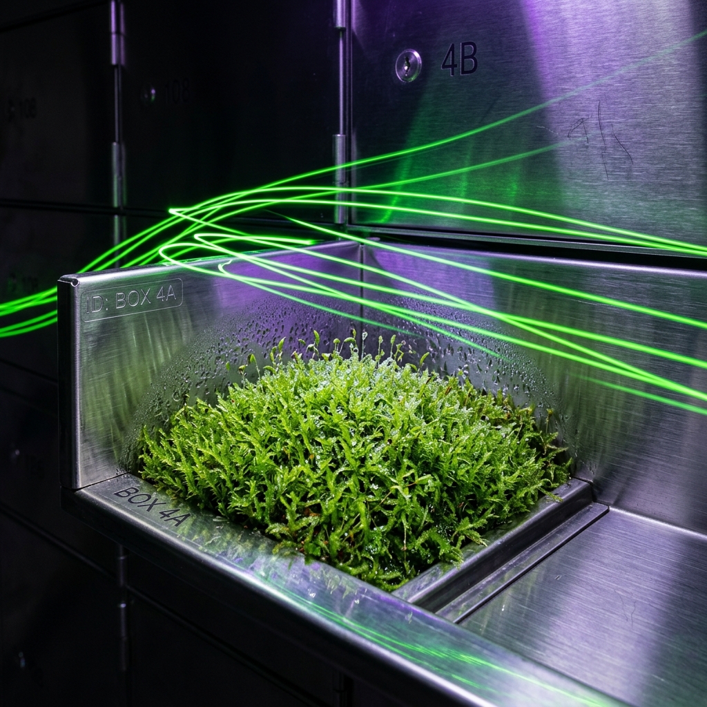 Moss growing inside a steel safe deposit box with neon light trails