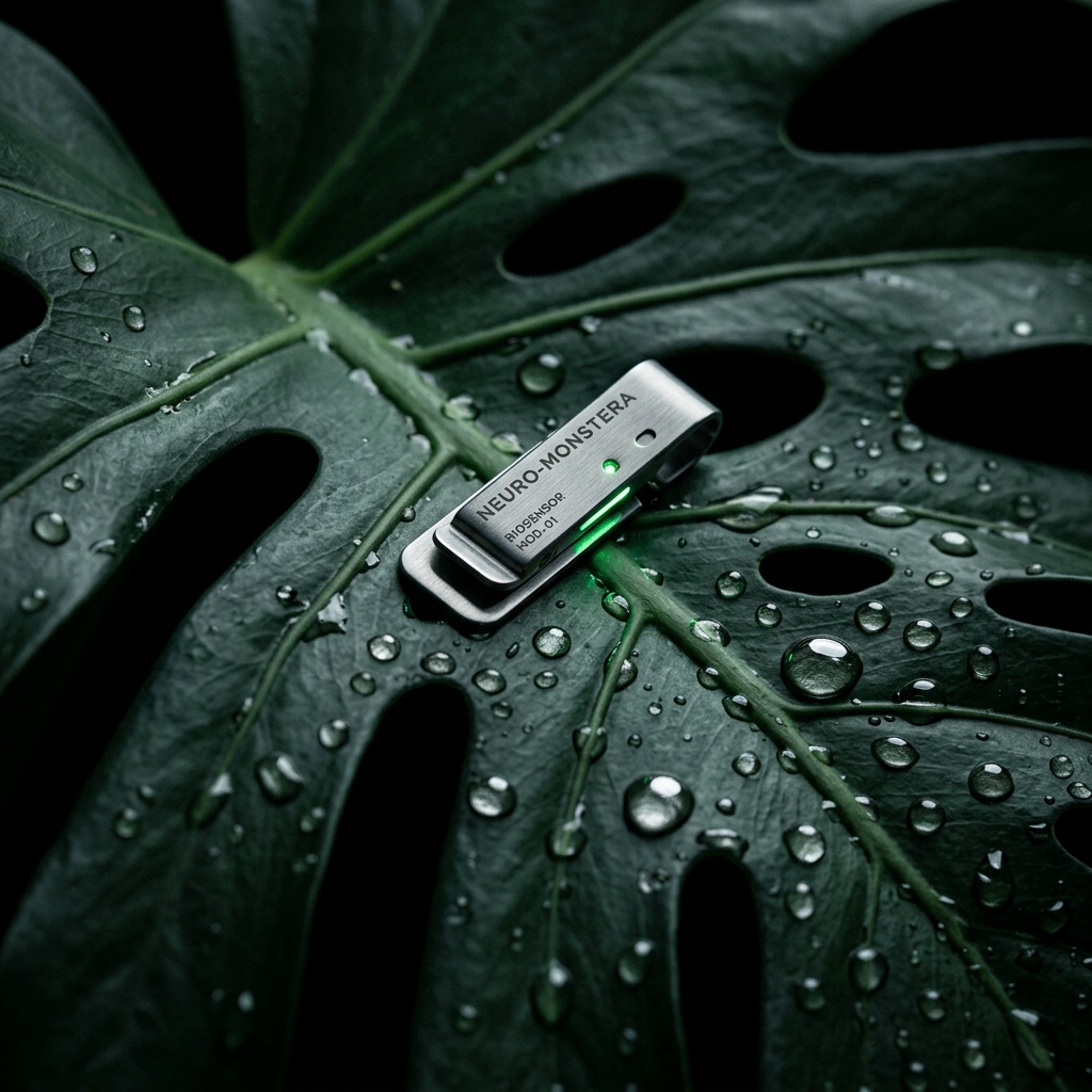 Biosensor clipped to a monstera leaf with mercury-like water droplets