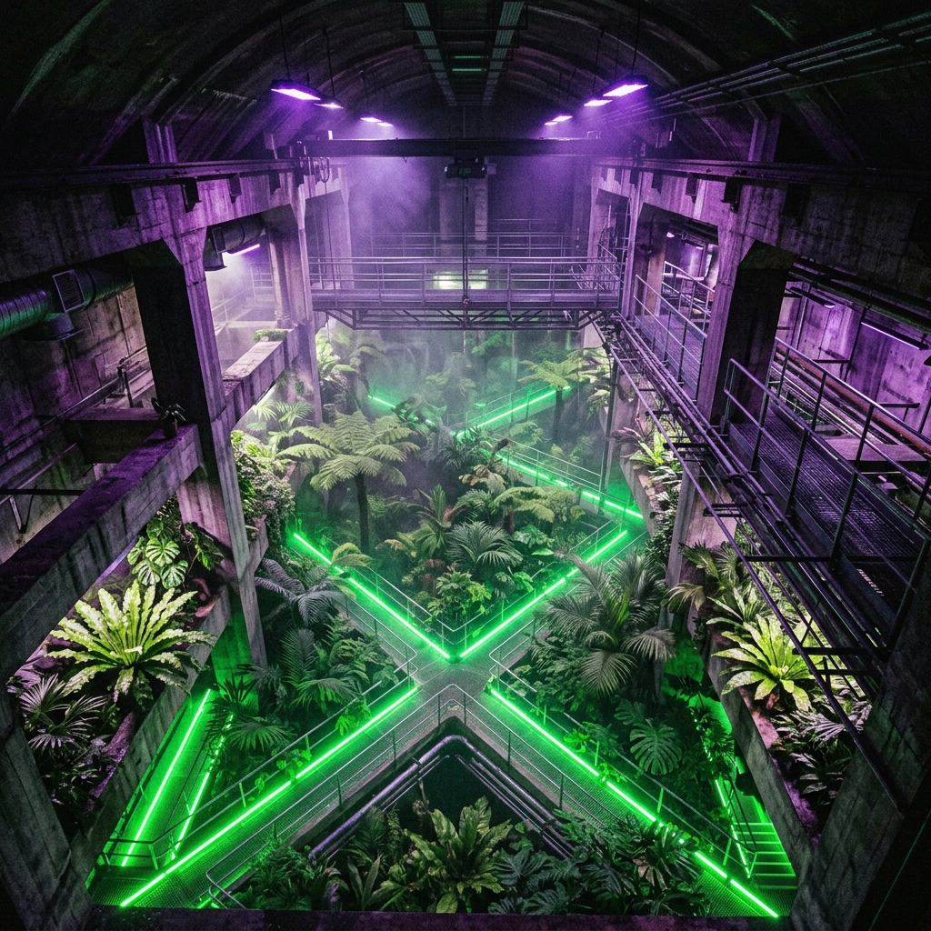 Underground botanical vault with neon-lit tropical plants growing between concrete pillars